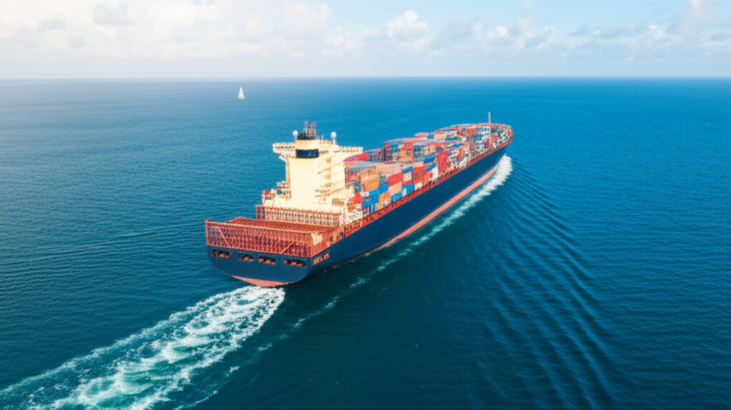 Container ship loaded with cargo at sea