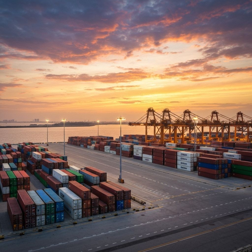 Container terminal at sunset